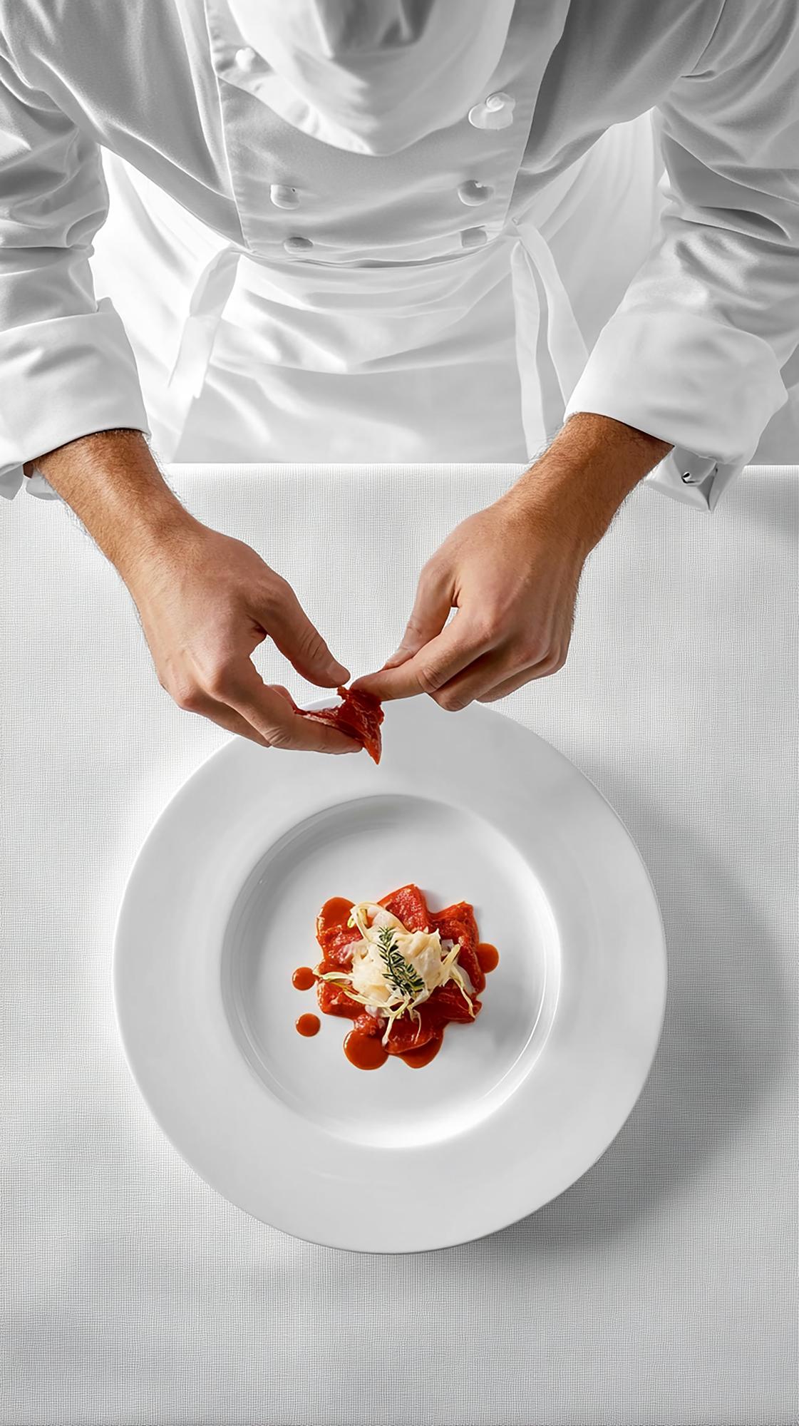 Chef plating a fine dining dish in studio kitchen